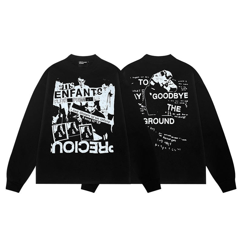 ERD Long sleeved shirt Black Long Sleeve Top Collage Letter Figure Print Dual Sides Graphic