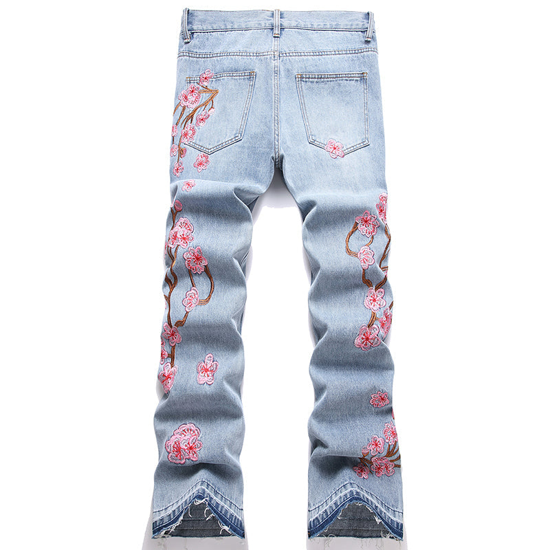 Mens Fashion Jeans Pink cherry blossom embroidered wide-leg pants 5711# Pure cotton high quality