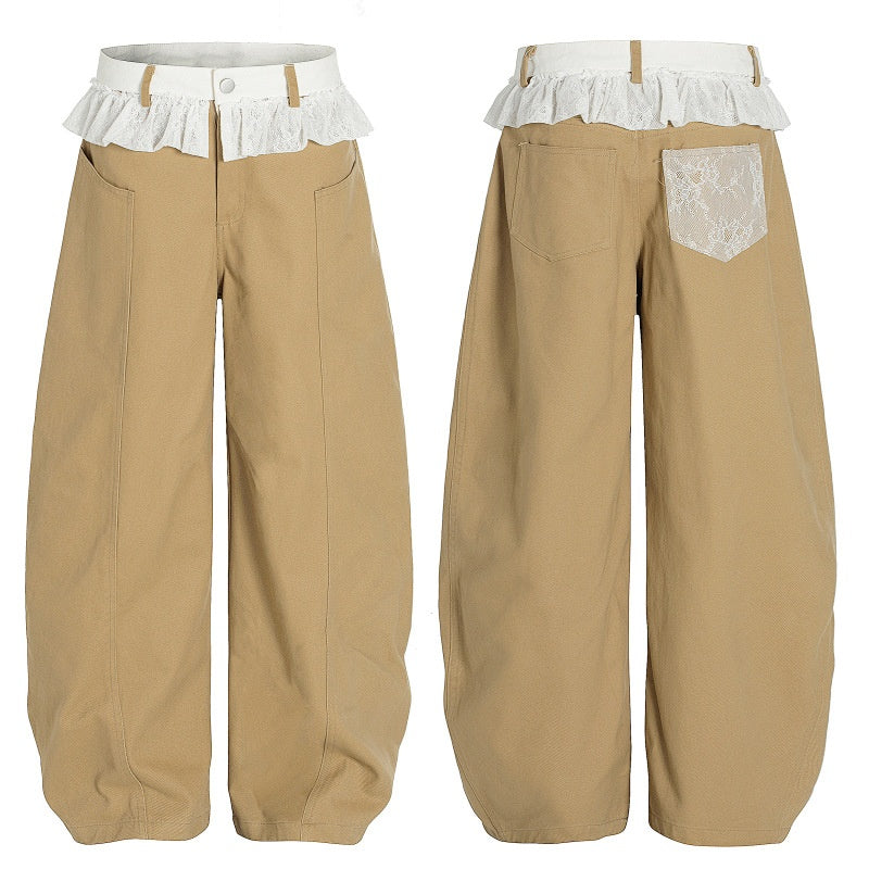 American-style streetwear harem pants Ruffle Lace Waist Wide Leg Trousers