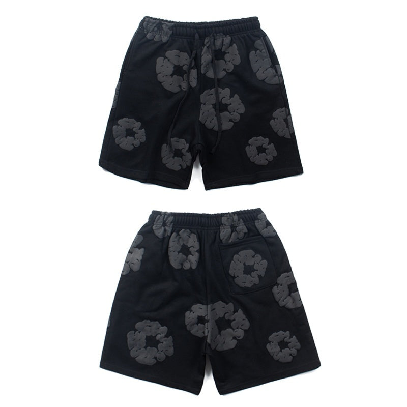 Denim Tears Shorts Cotton Embossed Black Cotton Wreath Graphic Oversized Drawstring