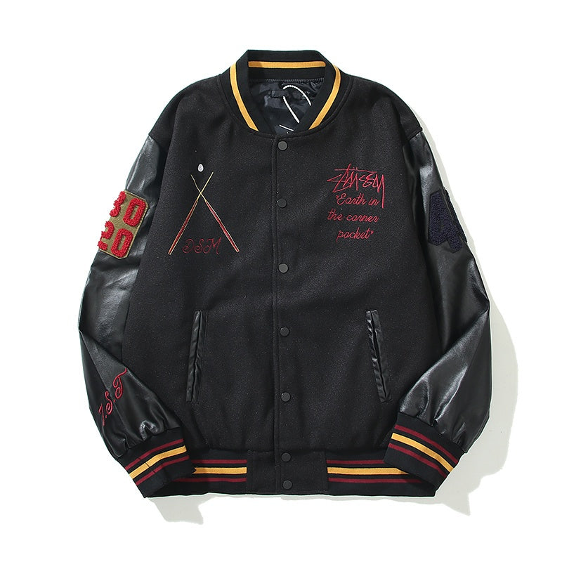 American-style baseball jacket Leather Sleeve 8-Ball Globe Graphic Oversized Streetwear Brand 40th Anniversary Limited Edition Black 8 Quilted Wool-Blend Varsity Jacket â€?High-Street Hip-Hop Style with Embroidery (Kenijima-Style)