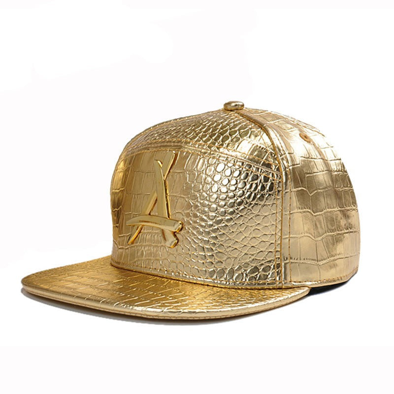 Trendy flat brimmed snapback hatsgold leather adjustable visor