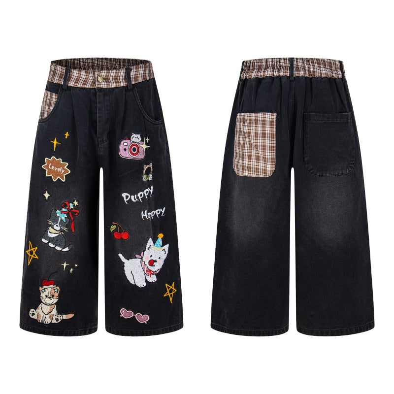 Street-style vintage Cropped trousers Retro Harajuku Style Loose-Fit Casual Jorts with Graphic Patches and Contrast Details