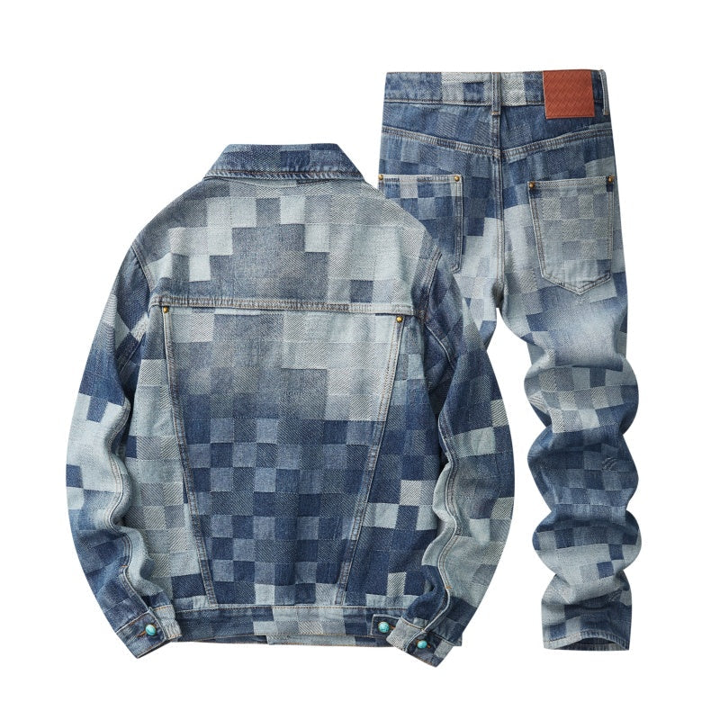 Denim Jacket & Jeans High-Street Trend Streetwear Jacket Vintage Blue Washed Grid Graphic Turquoise Button Casual Denim Outerwear (jacket and jeans must be purchased separately.)