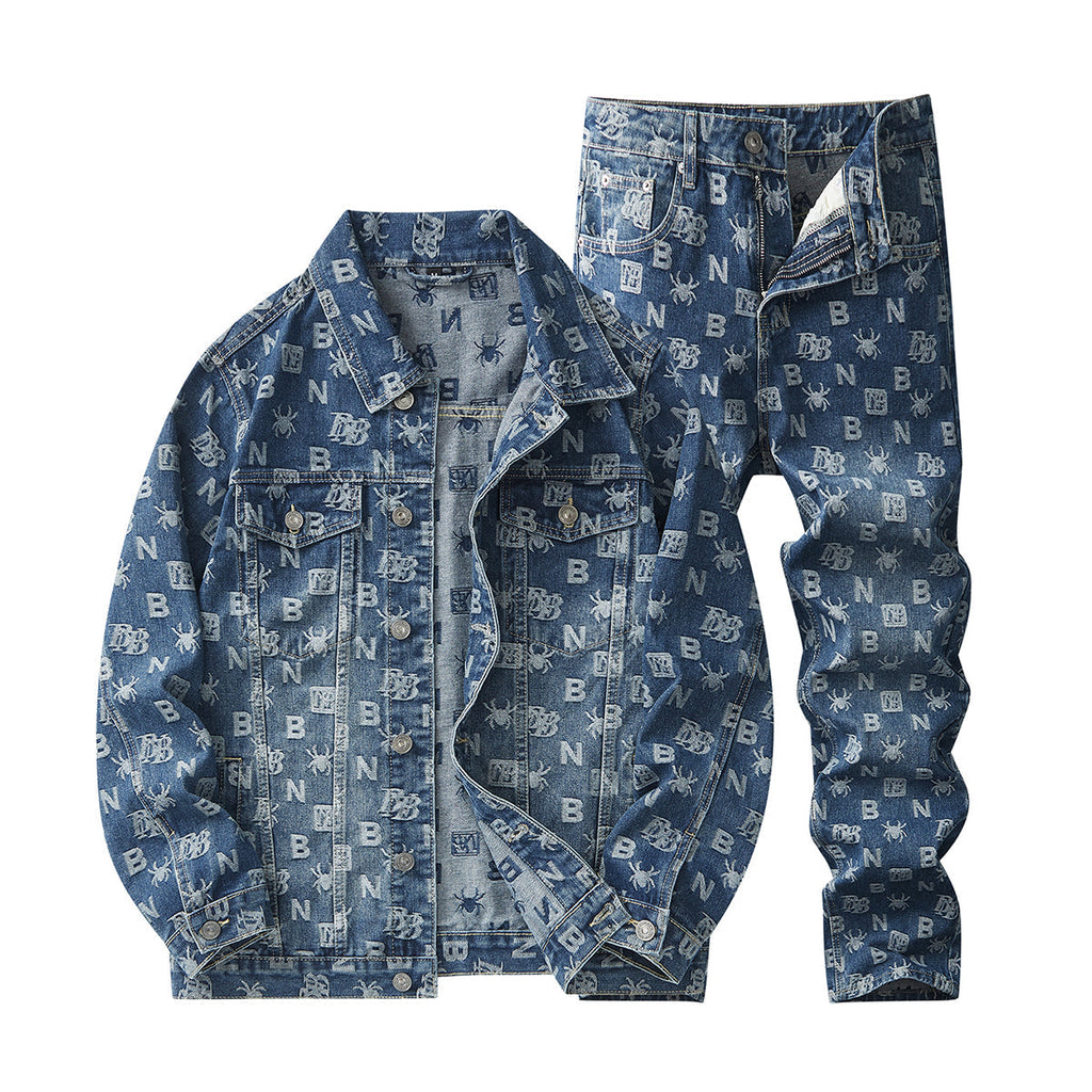 Denim Jacket & Jeans High-Street Trend Retro Casual Matching Monogram Graphic Trucker Jacket and Slim-Fit Pants Outfit (jacket and jeans must be purchased separately.)