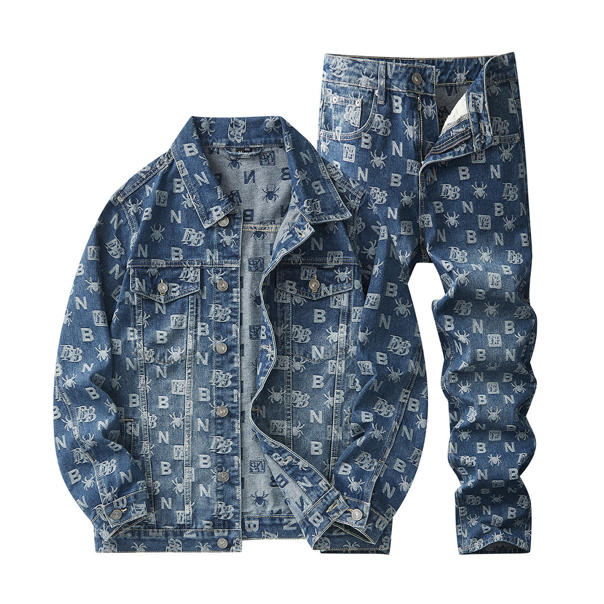 Denim Jacket & Jeans High-Street Trend Retro Casual Matching Monogram Graphic Trucker Jacket and Slim-Fit Pants Outfit (jacket and jeans must be purchased separately.)