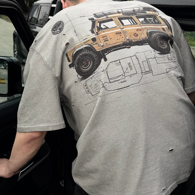Unisex Vintage T Shirts Saint x Hot Wheels x Land Rover Defender three-way collaboration: featuring a lid-and-base style collar construction with single-needle stitching, a special enzyme-abrasion and vintage-wash finish, direct-to-garment white in