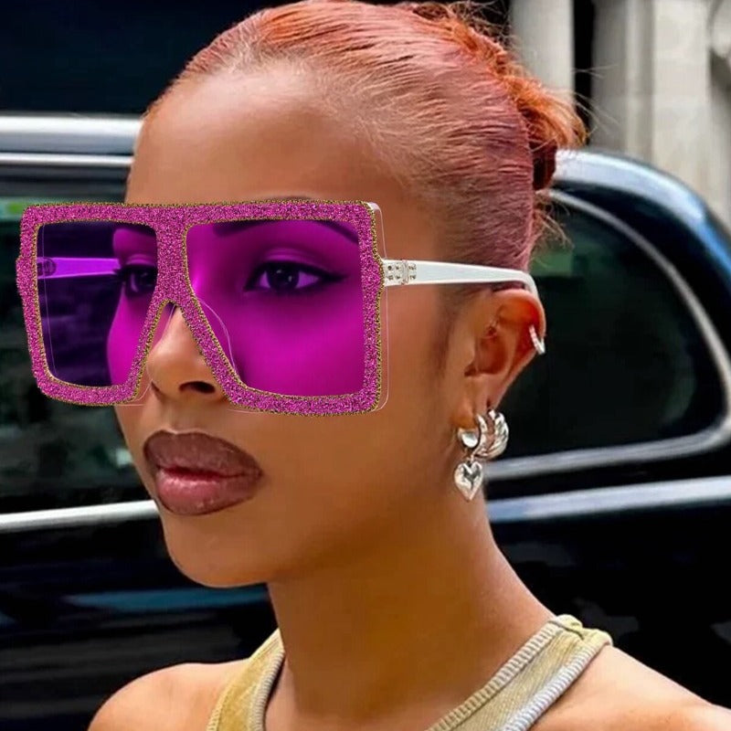 Trendy punk glasses diamond-encrusted large square frame sun protection
