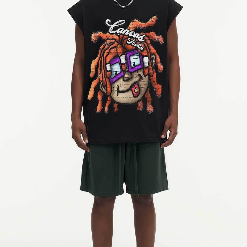 BIG FACE Drop-Shoulder Tank Top High-street vintage style featuring a small neckline, white-ink digital direct-to-garment (DTG) printing, and a heavy-duty, distressed wash finish; crafted from 260g double-yarn plain-knit fabric.