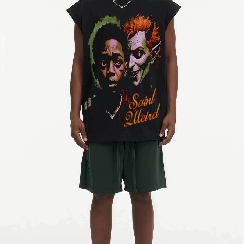 BIG FACE Drop-Shoulder Tank Top High-street vintage style featuring a small neckline, white-ink digital direct-to-garment (DTG) printing, and a heavy-duty, distressed wash finish; crafted from 260g double-yarn plain-knit fabric.