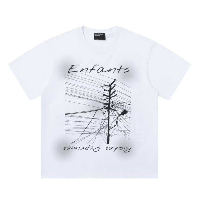 ERD T Shirts White Base Sketch Utility Pole Graphic Cursive French Text Print