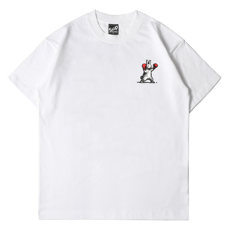 Mens T-shirt Vintage American-style Super cute boxing rabbit