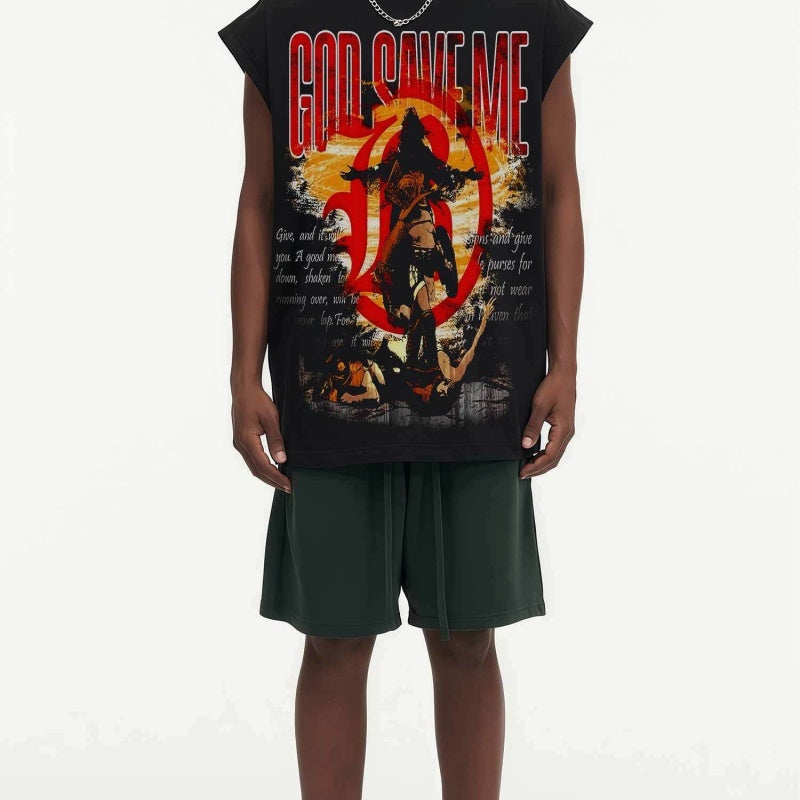 BIG FACE Drop-Shoulder Tank Top High-street vintage style featuring a small neckline, white-ink digital direct-to-garment (DTG) printing, and a heavy-duty, distressed wash finish; crafted from 260g double-yarn plain-knit fabric.