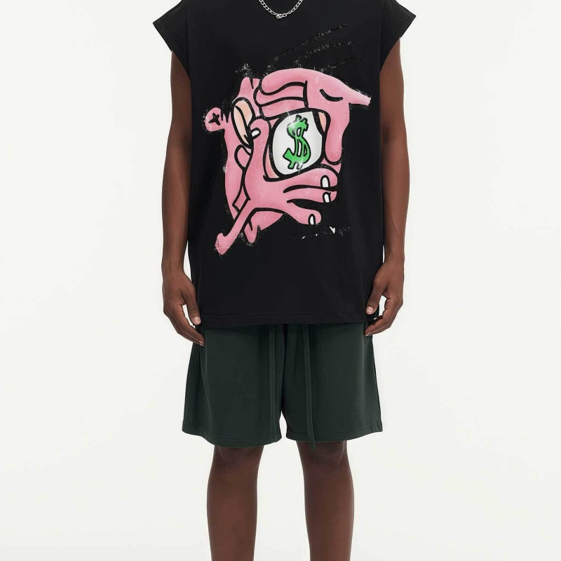 BIG FACE Drop-Shoulder Tank Top High-street vintage style featuring a small neckline, white-ink digital direct-to-garment (DTG) printing, and a heavy-duty, distressed wash finish; crafted from 260g double-yarn plain-knit fabric.