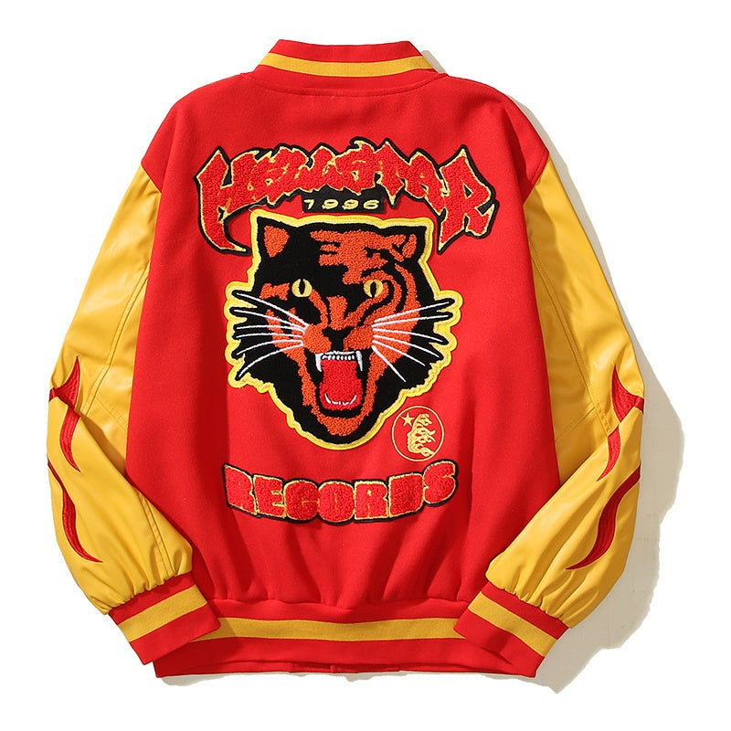 American-style baseball jacket High-street style HELL tiger-motif varsity jacket featuring color-blocking, contrast paneling, and embroidery—an Instagram-trending design.