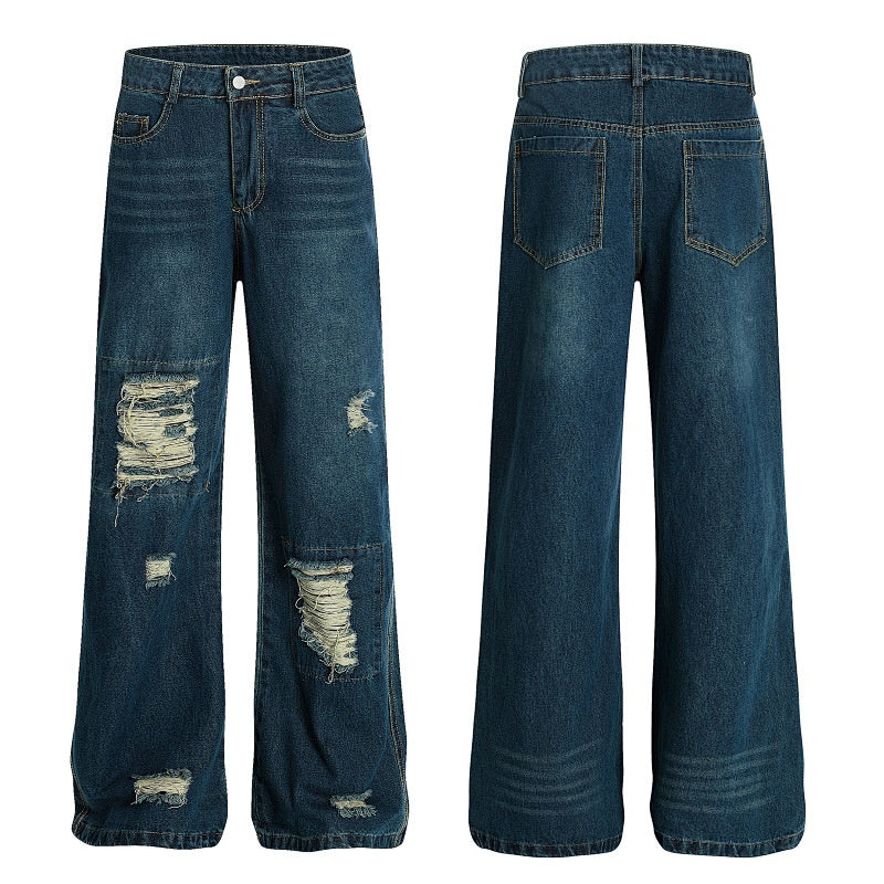 American-style streetwear harem pants Raw Fray Edges Whisker Fading Textured Weave