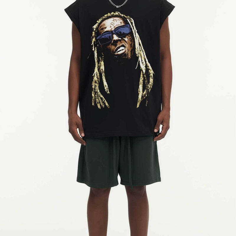 BIG FACE Drop-Shoulder Tank Top High-street vintage style featuring a small neckline, white-ink digital direct-to-garment (DTG) printing, and a heavy-duty, distressed wash finish; crafted from 260g double-yarn plain-knit fabric.