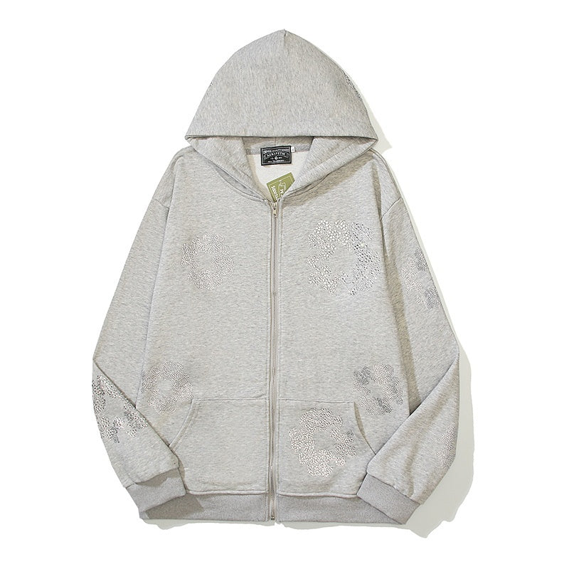 Denim Tears Hoodie Fleece Bling Rhinestone Flower Wreath Graphic Oversized Zip-Up Hooded