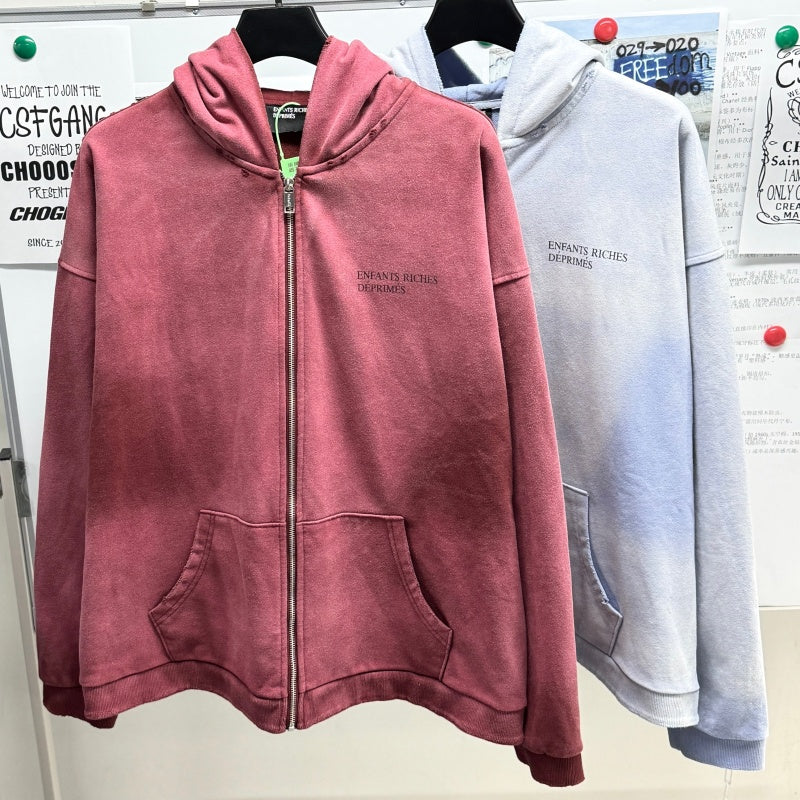 Unisex Vintage Hoodie Oversized, relaxed-fit layered jacket; natural washed-out, faded, and distressed finish; hand-distressed details in multiple areas; pure cotton.