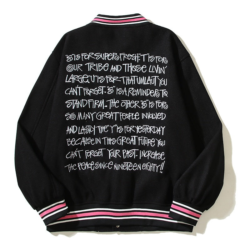 American-style baseball jacket American-style trendy high-street streetwear featuring back-panel graffiti, slogan, and lettering with intricate, high-density embroidery—embodying the vibe aesthetic.