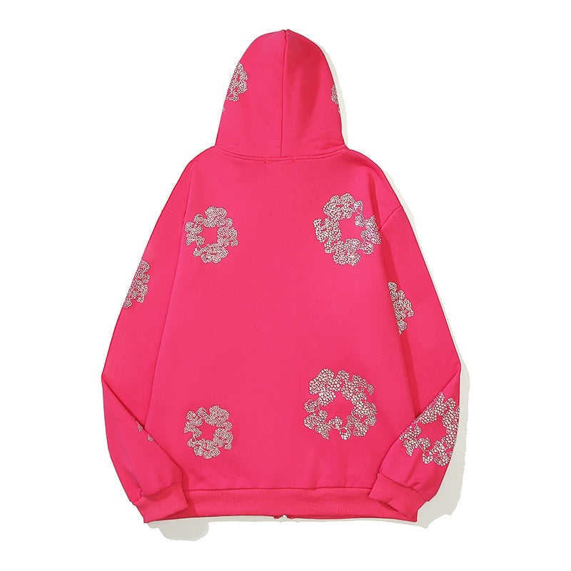 Denim Tears Hoodie Fleece Bling Rhinestone Flower Wreath Graphic Oversized Zip-Up Hooded