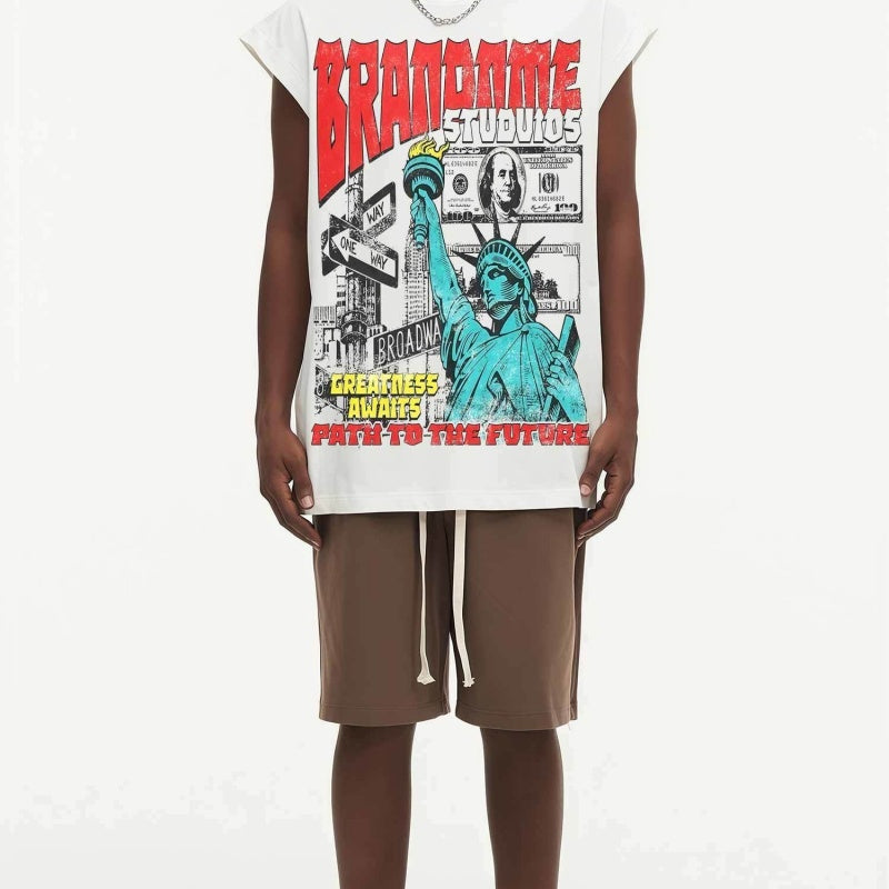 BIG FACE Drop-Shoulder Tank Top High-street vintage style featuring a small neckline, white-ink digital direct-to-garment (DTG) printing, and a heavy-duty, distressed wash finish; crafted from 260g double-yarn plain-knit fabric.
