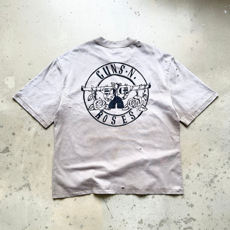 Unisex Vintage T Shirts Saint X Guns N' Roses Collaboration: Heavyweight 280g fabric (post-wash weight); vintage single-stitch construction with blind-stitch hems; heavy-duty garment processing featuring spray-on whiskering, enzyme-abrasion wash, and