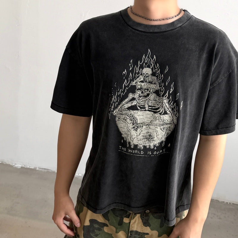 Unisex Vintage T Shirts GALLERY DEPT. 26SS THE WORLD IS OURS Limited Edition: Heavyweight, washed-and-distressed streetwear T-shirt featuring a boxy, cropped punk-inspired fit.