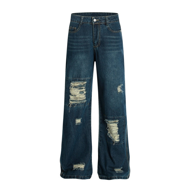 American-style streetwear harem pants Raw Fray Edges Whisker Fading Textured Weave