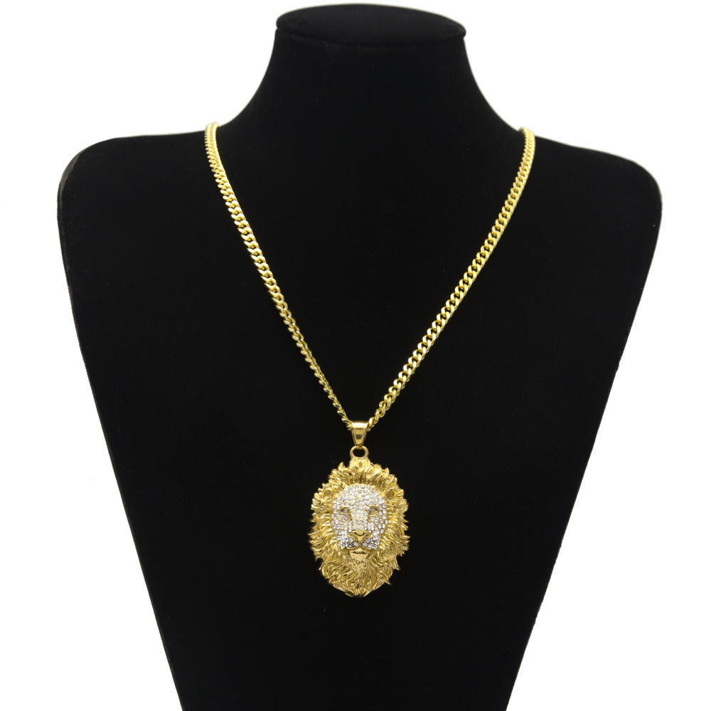Jewelry Hip Hop Full Diamond Lion Head Pendant Necklace Animal Far East Jesus Pieces Royalty