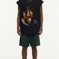 BIG FACE Drop-Shoulder Tank Top High-street vintage style featuring a small neckline, white-ink digital direct-to-garment (DTG) printing, and a heavy-duty, distressed wash finish; crafted from 260g double-yarn plain-knit fabric.