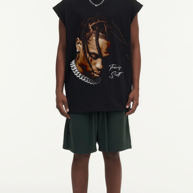 BIG FACE Drop-Shoulder Tank Top High-street vintage style featuring a small neckline, white-ink digital direct-to-garment (DTG) printing, and a heavy-duty, distressed wash finish; crafted from 260g double-yarn plain-knit fabric.