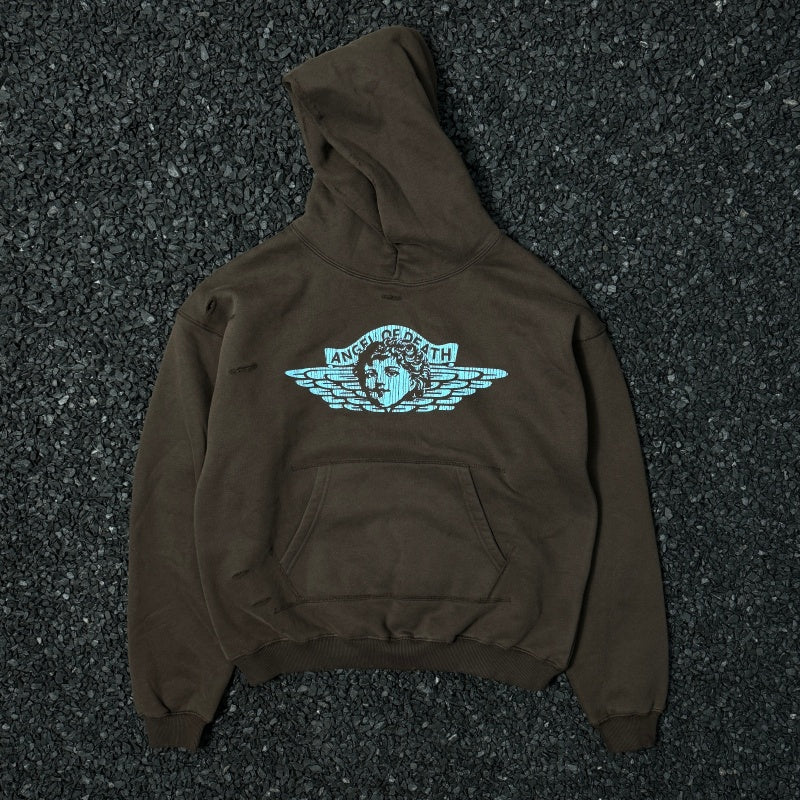 Unisex Vintage HoodieLittle Angel Exclusive â€?Vintage American-style hooded sweatshirt featuring a washed, distressed finish, handcrafted distressing details, a brushed texture, and a fleece-lined interior.