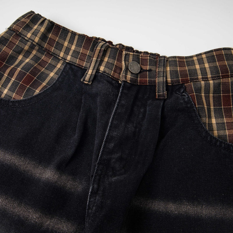 Street-style vintage jeans Retro Casual Loose-Fit Straight-Leg Trousers with Cute Cat Graphic and Contrast Waistband