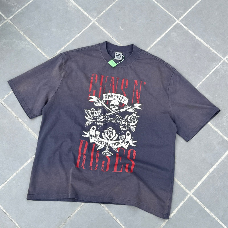 Unisex Vintage T Shirts Guns N' Roses x Harley-Davidson Limited Collaboration: Graphite Blue Short-Sleeve T-Shirt. Features a washed, distressed finish with whiskering effects and premium American-style plastisol screen printing. High-quality textu