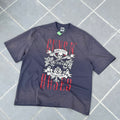 Unisex Vintage T Shirts Guns N' Roses x Harley-Davidson Limited Collaboration: Graphite Blue Short-Sleeve T-Shirt. Features a washed, distressed finish with whiskering effects and premium American-style plastisol screen printing. High-quality textu