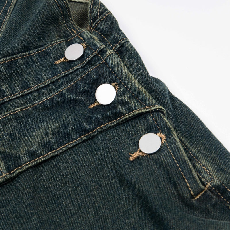 Street-style vintage jeans Women Overalls Y2K Vintage Denim Cargo Overalls with Lace-Up Waist and Cartoon Embroidery