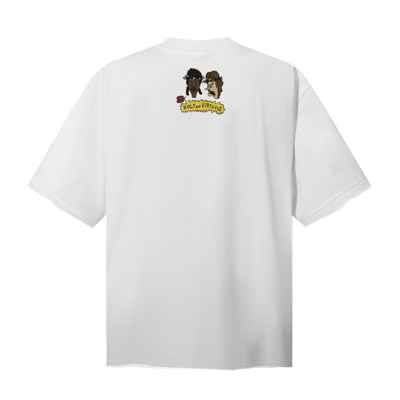 Saint Michael T Shirts Cartoon Two Jesus Figures THE END IS HERE SAINTS White Tee Graphic