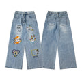 Street-style vintage jeans Retro Casual Harajuku Style Straight-Leg Denim Trousers with Cute Embroidery Patches