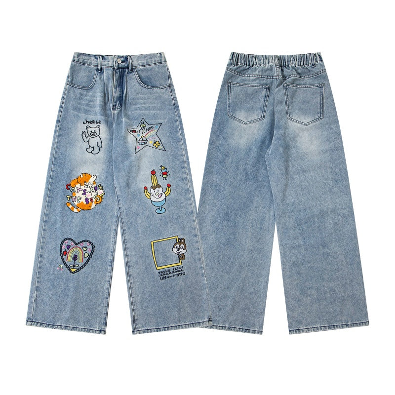 Street-style vintage jeans Retro Casual Harajuku Style Straight-Leg Denim Trousers with Cute Embroidery Patches