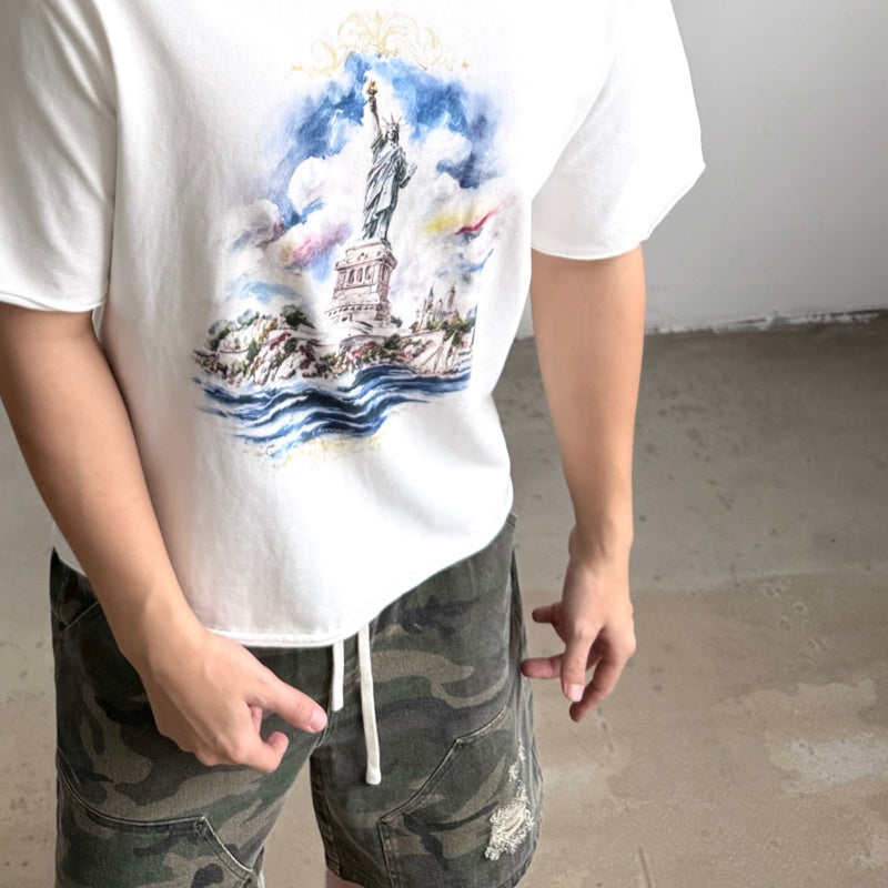 Unisex Vintage T Shirts SAINT MICHAEL × Takashi Murakami Collaboration: Statue of Liberty Oil Painting Graphic (Limited Edition). Features heavyweight 320g fabric (retaining its weight after washing) and authentic vintage construction with single-s