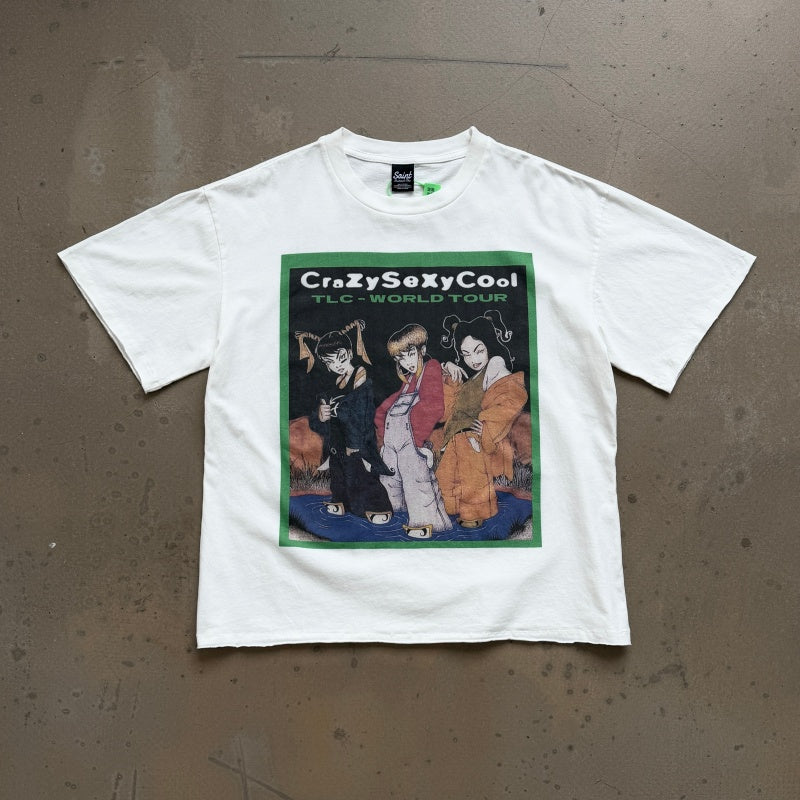 Unisex Vintage T Shirts Vintage-style line: A limited-edition, boxy, wide-neck streetwear T-shirt commemorating the 1994 CrazySexyCool world tour by the legendary American R&B girl group TLC; features a grunge-punk aesthetic.