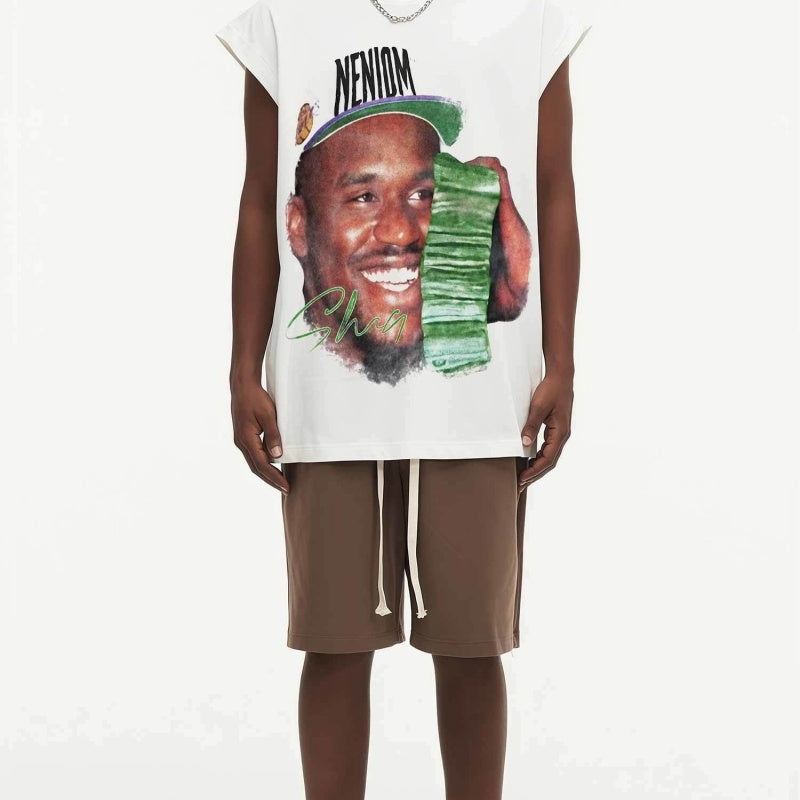 BIG FACE Drop-Shoulder Tank Top High-street vintage style featuring a small neckline, white-ink digital direct-to-garment (DTG) printing, and a heavy-duty, distressed wash finish; crafted from 260g double-yarn plain-knit fabric.