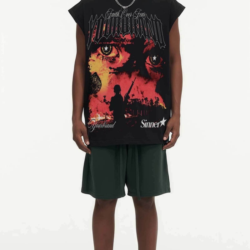 BIG FACE Drop-Shoulder Tank Top High-street vintage style featuring a small neckline, white-ink digital direct-to-garment (DTG) printing, and a heavy-duty, distressed wash finish; crafted from 260g double-yarn plain-knit fabric.