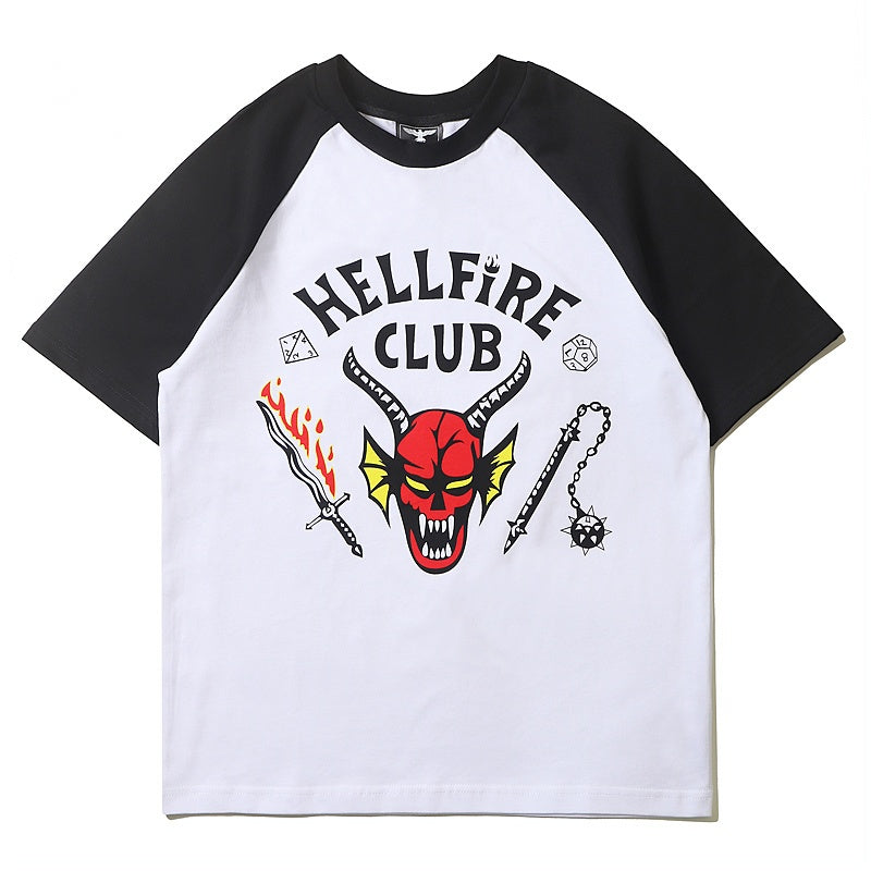 Mens T-shirt Vintage American-style Stranger Things Style Hellfire Club Print Raglan Tee