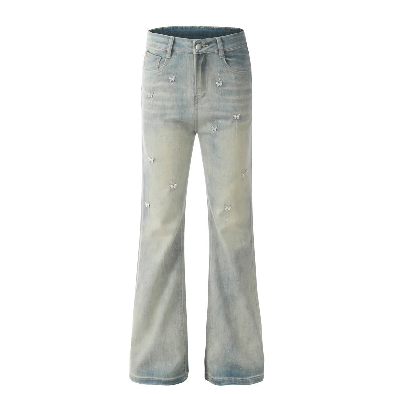 American-style streetwear harem pants Distressed Washed Butterfly Decor Wide Bootcut Trousers