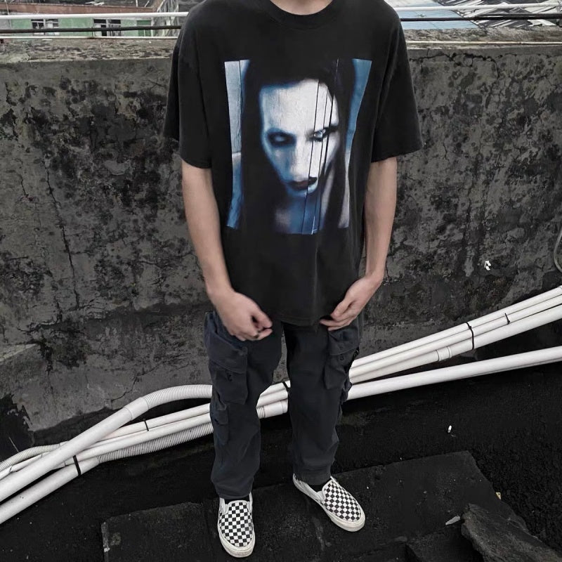 Unisex Vintage T Shirts Marilyn Manson oversized high-street distressed style