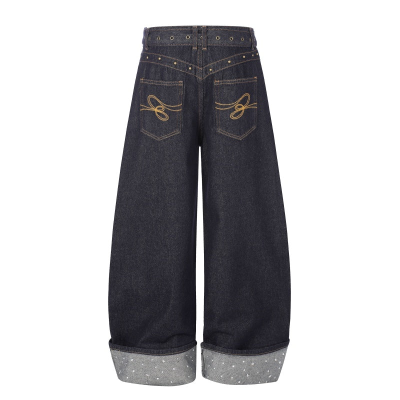 American-style streetwear harem pants Rolled Cuff Rhinestone Wide Leg Silhouette