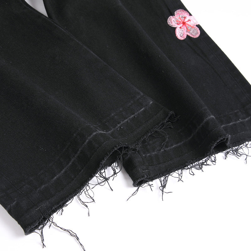 Mens Fashion Jeans Pink cherry blossom embroidered wide-leg pants 5710# Pure cotton high quality