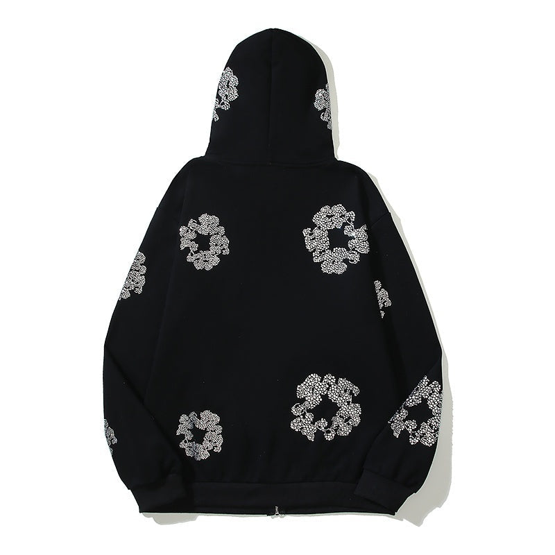 Denim Tears Hoodie Fleece Bling Rhinestone Flower Wreath Graphic Oversized Zip-Up Hooded
